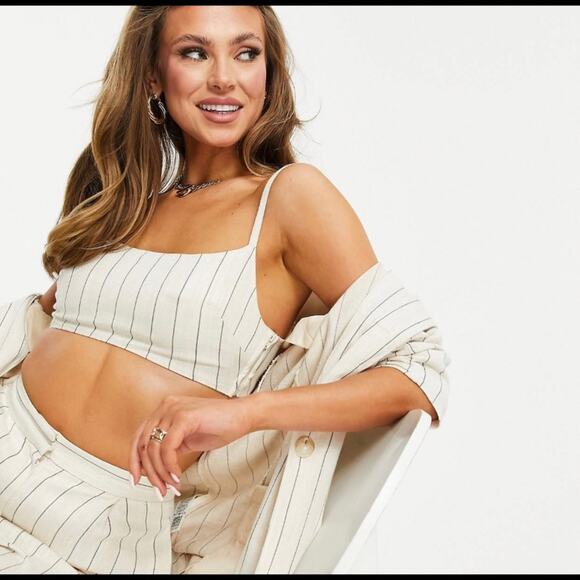 Asos Washed Linen Stripe Square Neck Crop Top Size 8 - Picture 1 of 7